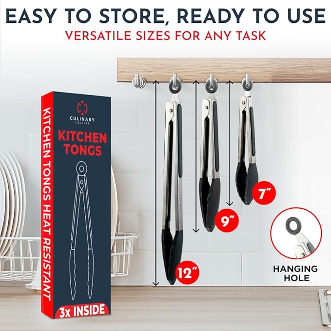 Kitchen Tongs for Cooking with Silicone Tips, Heat Resistant Tongs for Serving Food, 7-Inch, 9-Inch, 12-Inch Locking Silicone Tong, Set of 3 Salad Tong, Black Kitchen Utensils
