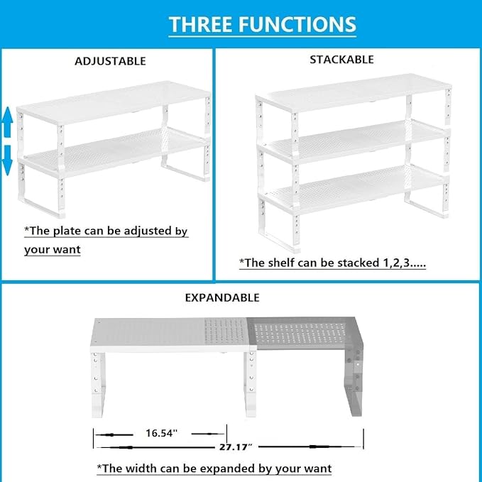 Expandable,Adjustable & Stackable Spice Rack, Cabinet Kitchen Countertop Shelf Organizer,Metal Pantry Storage Shelves - Space-Saving Storage Solution(1Pack/White/Medium)