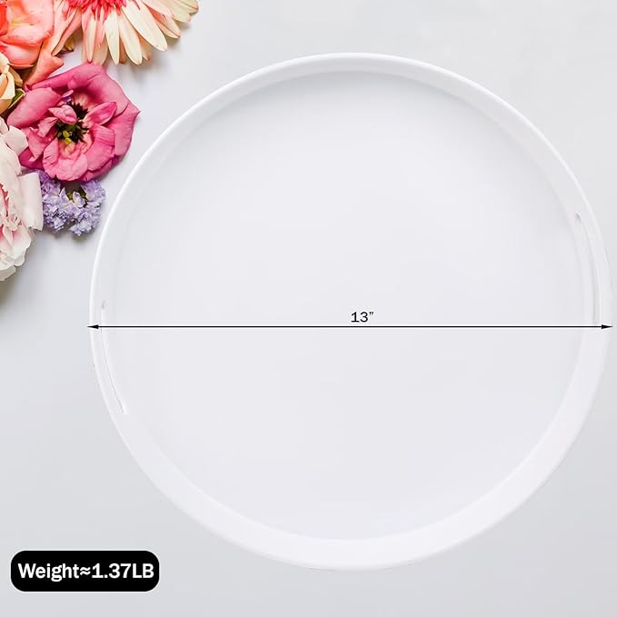 Round White Decorative Serving Tray with Handles, 13” Versatile Ottoman Tray for Coffee Table, Entertaining, Outdoor Patio, Living Room