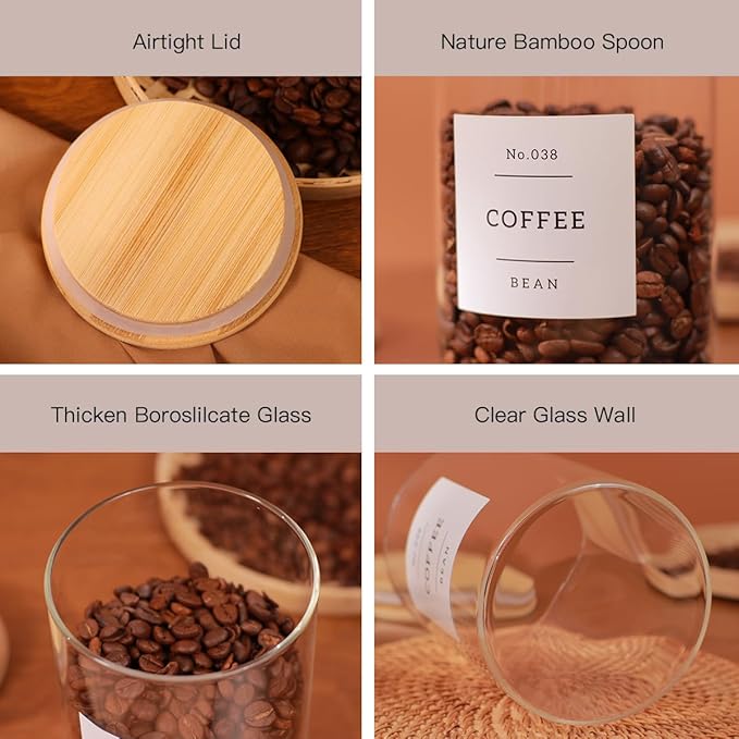 6-Pack Borosilicate Glass Storage Jars with Bamboo Lids + 132 Pre-Printed Pantry Labels Included, BPA-Free Thicken Airtight Containers for Flour, Sugar, Rice, Microwave & Freezer Safe(100OZ/54OZ/27OZ)
