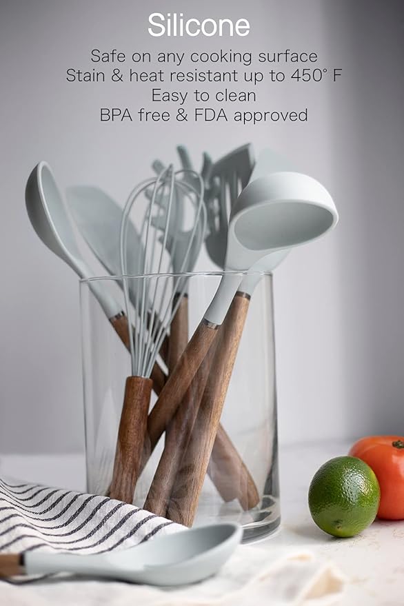 Country Kitchen Non Stick Silicone Utensil Set with Rounded Wood Handles for Cooking and Baking, 8 Piece Set, White