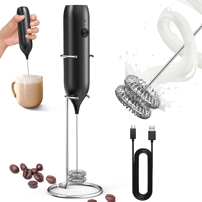 CIRCLE JOY Rechargeable Milk Frother Handheld with Stand, Coffee Frother Wand Drink Mixer with Dual Spring Whisk for Coffee, Cappuccino, Lattes, Frappe, Matcha and Hot Chocolate, Black