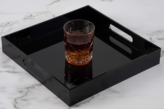 Glossy Black Sturdy Acrylic Serving Tray with Handles-10x10Inch-Serving Coffee,Food,Breakfast,Butler-Kitchen Countertop Tray-Makeup Drawer Organizer-Vanity Table,Ottoman Tray-Decorative Tray