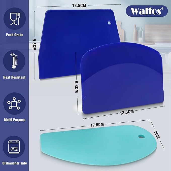 Walfos Dough Scraper Set of 3, Flexible Silicone Bowl Spatula, Kitchen Plastic Bench Dough Scraper Tool for Bread Dough, Sourdough, Cake, Fondant Icing, Blue & Teal/Aqua…