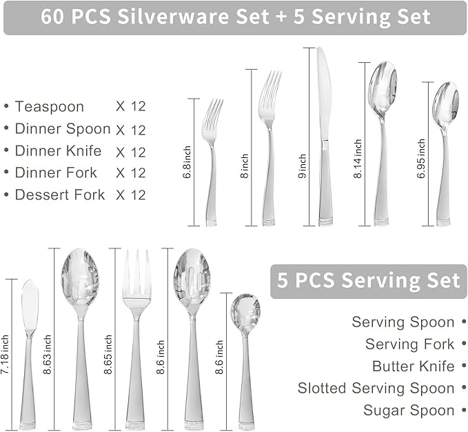 KINGSTONE Silverware Set, 65-Piece Flatware Set for 12, 18/10 Stainless Steel Cutlery Set with Bead Edge, Utensil for Kitchen, Home, Party, Wedding, Mirror Polished, Dishwasher Safe, Featured Gifts
