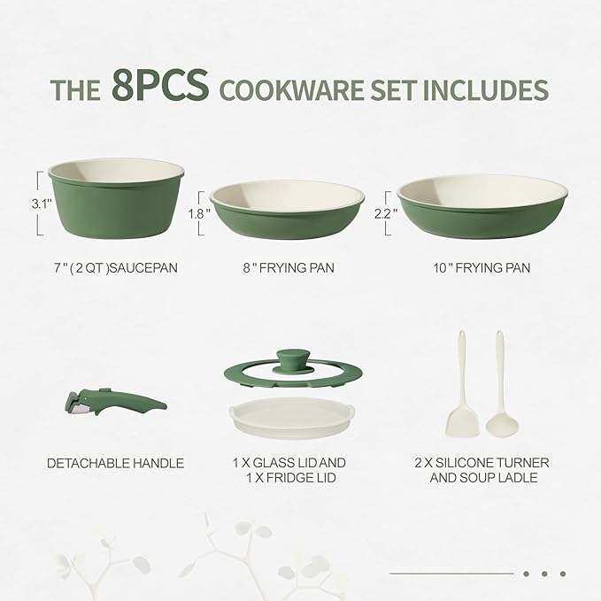 8PCS Ceramic Cookware,Nonstick Ceramic Pan, Removable Handle Pots and Pans Set, Stackable Set, Nonstick Pan Pots and Pans Set Non Stick pot (Green)