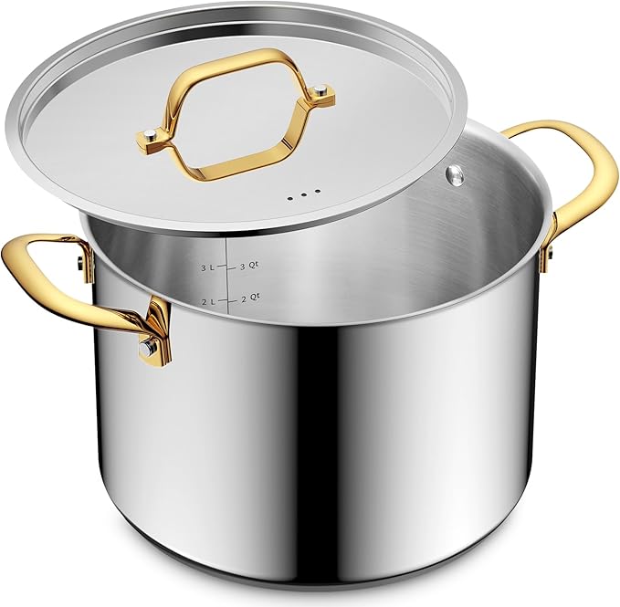 BEZIA 6 Quart Stainless Steel Stockpot with Lid, Induction Compatible Cooking Pots, Triple-Layer Bottom for Even Heat, Pasta & Soup Pot for Cooking, Boiling, Stewing, Dishwasher Safe