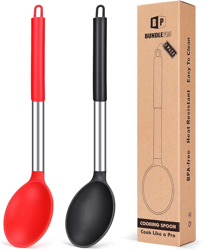 Pack of 2 Large Silicone Cooking Spoon Non Stick Solid Basting Spoons Heat-Resistant Kitchen Utensils for Mixing Serving (Black-Red)