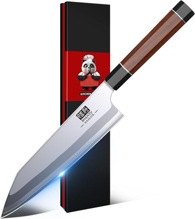 SHAN ZU 8 Inch Japanese Chef Knife, 9 Layers 10Cr15MoV High Carbon Steel Professional Kitchen Knife, Sharp Cooking Knife with Ergonomic Red Sandalwood Handle, Meat Cutting Kiritsuke Knife and Gift Box