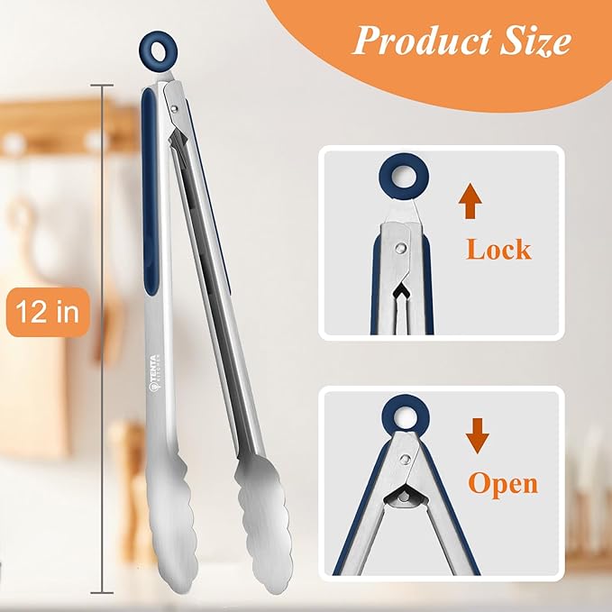 Tongs for Cooking, 12-Inch Stainless Steel Kitchen Tongs, Locking Metal Food Tongs with Silicone Non-Slip Grip, Kitchen Utensils for Food, Salad and Outdoor BBQ, Set of 4 (Midnight Blue)