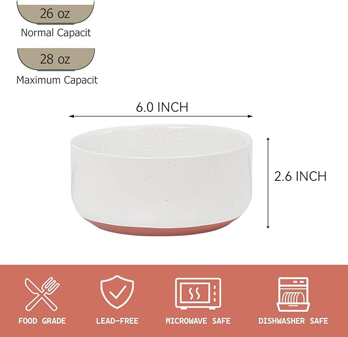 GZG 6 Inch Ceramic Cereal Bowls Set of 4, 28oz Large Soup Salad Pasta Bowls, Porcelain Oatmeal Bowl for Kitchen, Microwave & Dishwasher Safe