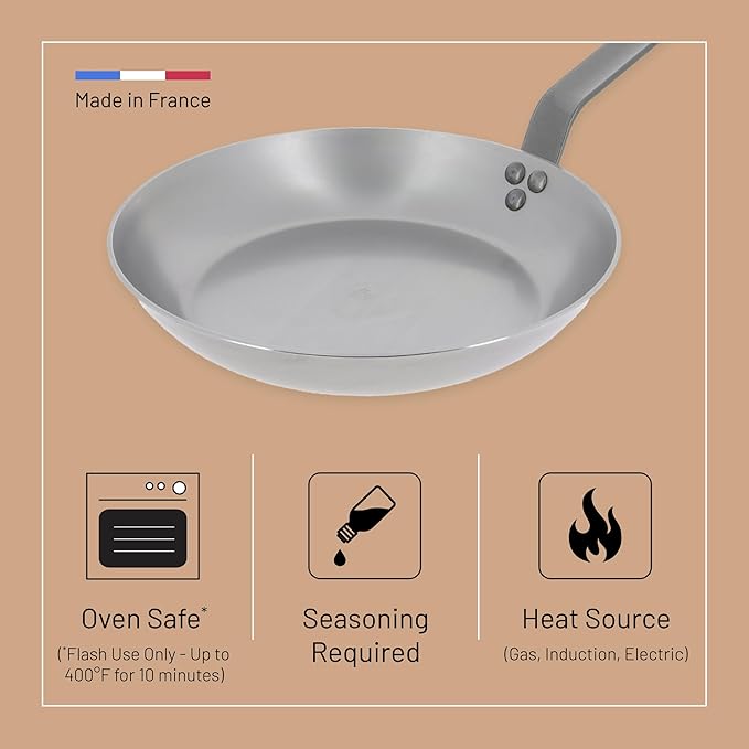 De Buyer MINERAL B Carbon Steel Omelette Pan - 9.5” Diameter, 7.7” Cooking Surface - PFAS, PFOA & PFOS Free - Made in France