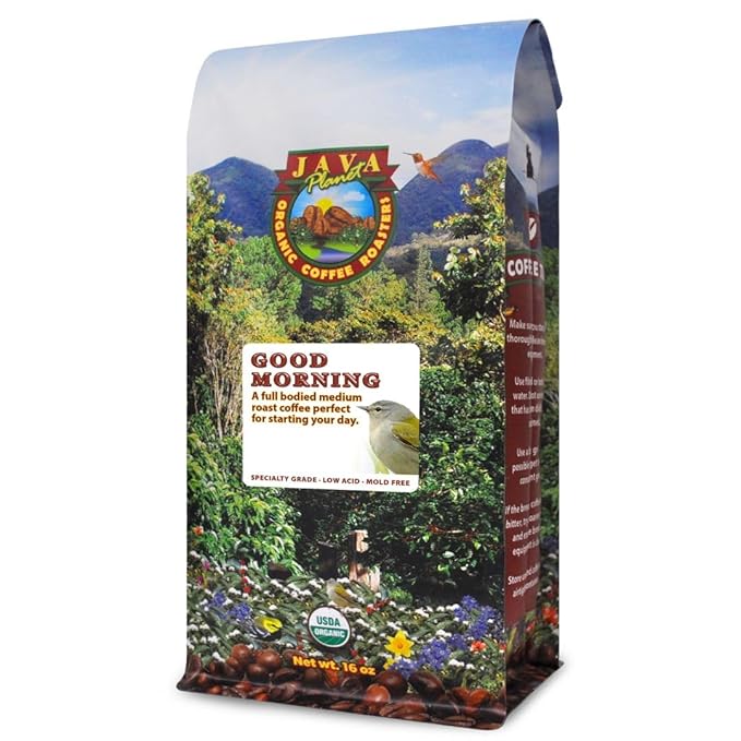 Low Acid Organic Coffee – Whole Bean, Mold-Free & Stomach Friendly by Java Planet, Good Morning Blend Coffee, Medium Roast, Smooth Full Flavored, 1LB Bag