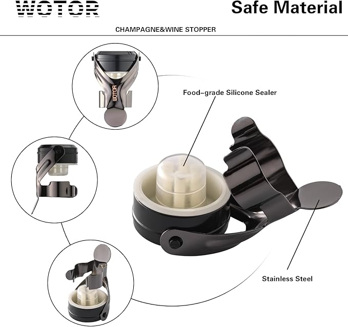 WOTOR Champagne&Wine Bottle Stoppers Stainless Steel with Food Grade Silicone, Leak Proof Keep Fresh Reusable Saver, Cork Suitable for Wine, Champagne, Cava, Prosecco and Sparkling (12 Pack Black）
