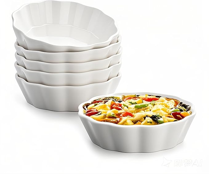 12 Oz Ramekins Oven Safe, Small Baking Dish, Individual Mini Pie Pans for Quiche, Casseroles, Dessert, Tart, Creme Brulee, lasagna, Ceramic Small Quiche Dishes, Set of 6