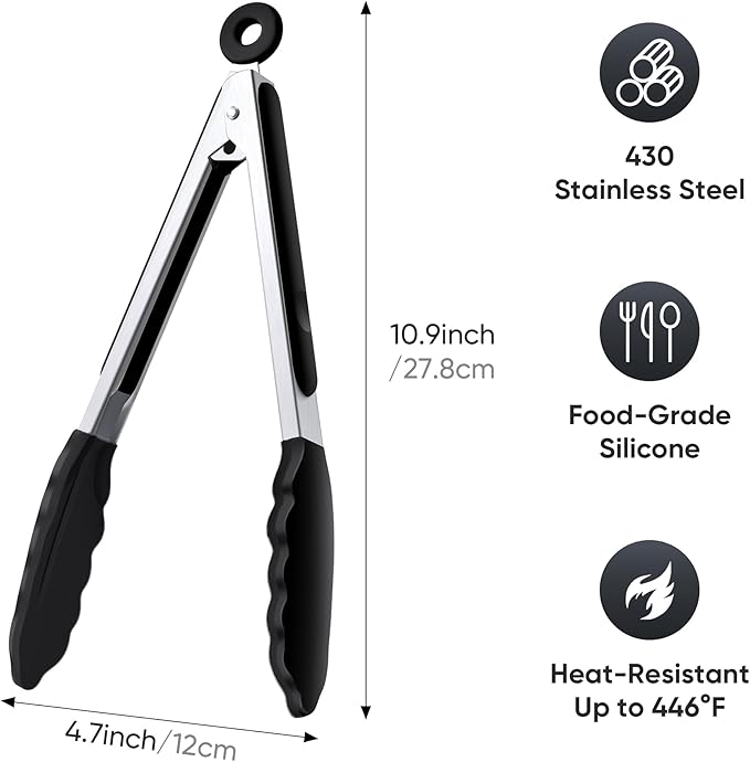 9 Inch Kitchen Tongs, Cooking Tongs with Silicone Tips and Stainless Steel Handle, Non Stick Heat Resistant Tongs for Cooking, Buffet, Salad Serving (9", Black)