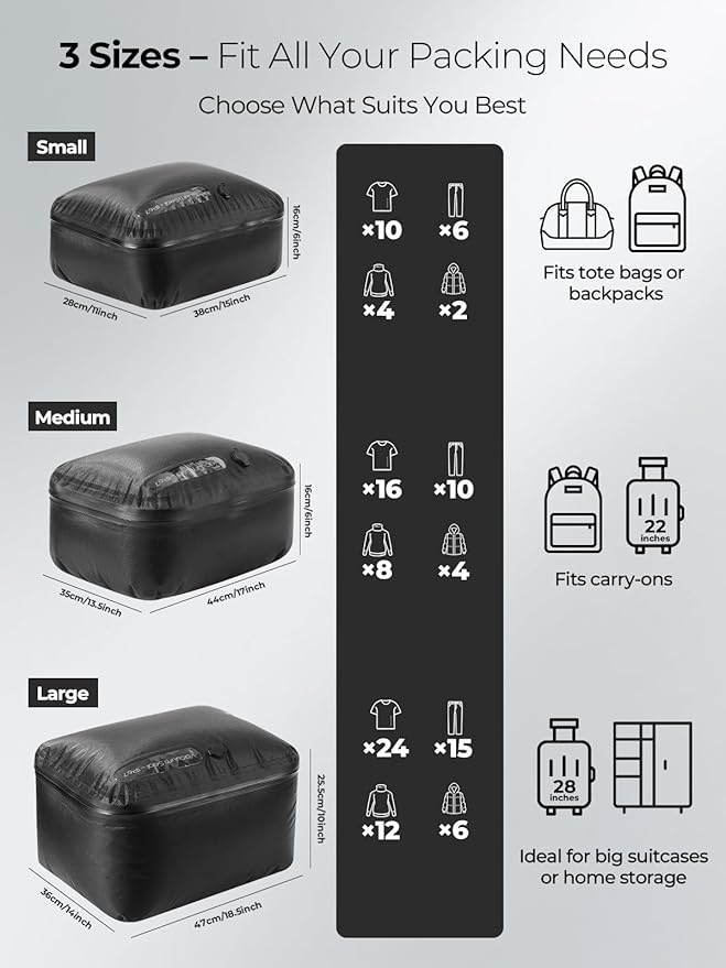 Vacuum Bags for Travel with Wireless Pump, 180° Open Zipper, IP67 Waterproof, Reusable Space Saver Compression Bags for Backpack, Suitcase, Home Storage(1 Pack + Pump)