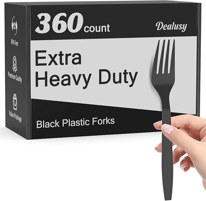 360 Count Extra Heavy Duty Black Plastic Forks Disposable, BPA-Free, Heat Resistant, Solid and Durable Disposable Forks Bulk, Premium Plastic Forks heavy duty for Party Supply