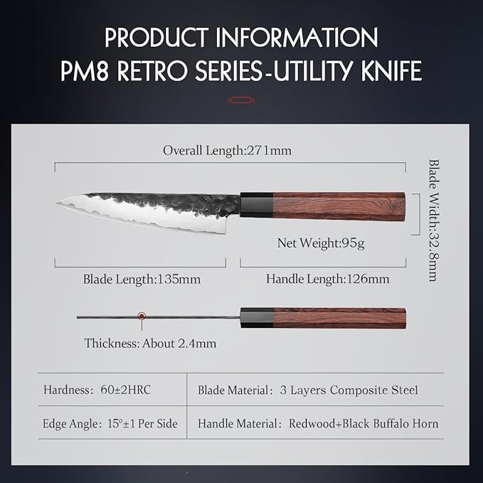 HEZHEN 5.3" Utility Knife, Clad Steel Composite Forging Steel Universal Knife, Petty Knife Paring Fruit Peeling,Japanese Style Kitchen Knife,Natural Wood Octagonal Handle
