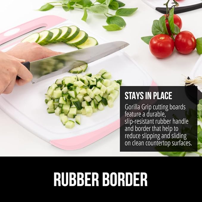 GORILLA GRIP BPA-Free Reversible Kitchen Cutting Board Set of 3, US Designed, Nonporous, Juice Grooves Catch Liquid, Slip Resistant Border, Dishwasher Safe, Durable Large Food Chopping Boards, Pink