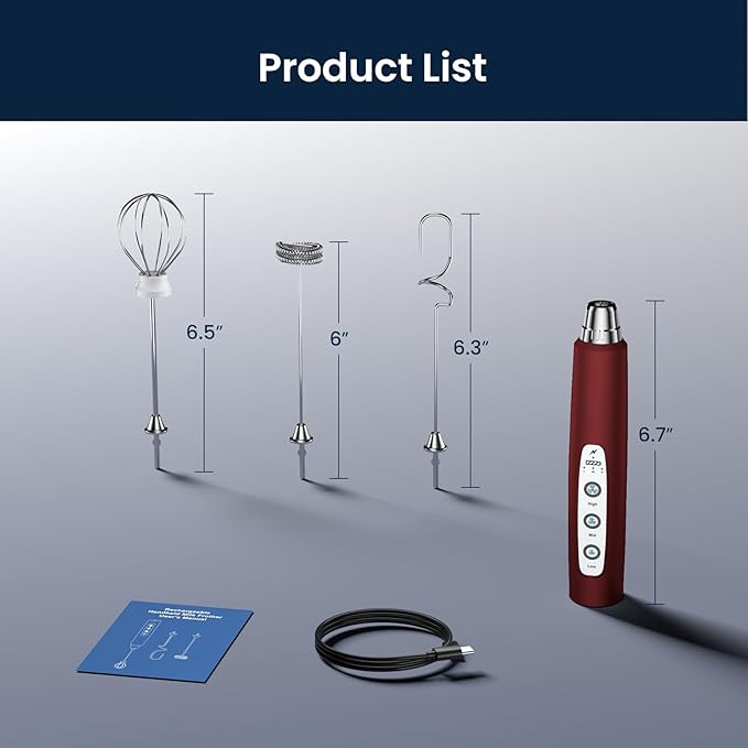 Milk Frother Rechargeable Handheld-Electric Whisk 3 Speed Adjustable, Frother Wand Coffee with 3 Stainless Whisks, Electric Foam Maker, Drink Mixer Blender for Latte Cappuccino Matcha Egg