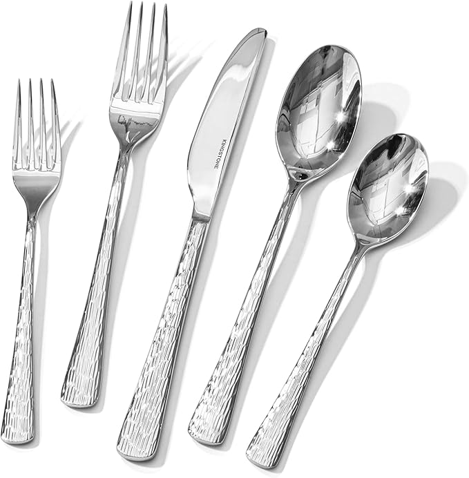 KINGSTONE Hammered Silverware Set, Flatware Set, 18/10 Stainless Steel Premium Cutlery with Unique Ripple Handles Design Mirror Polished - Dishwasher Safe (30-Piece)