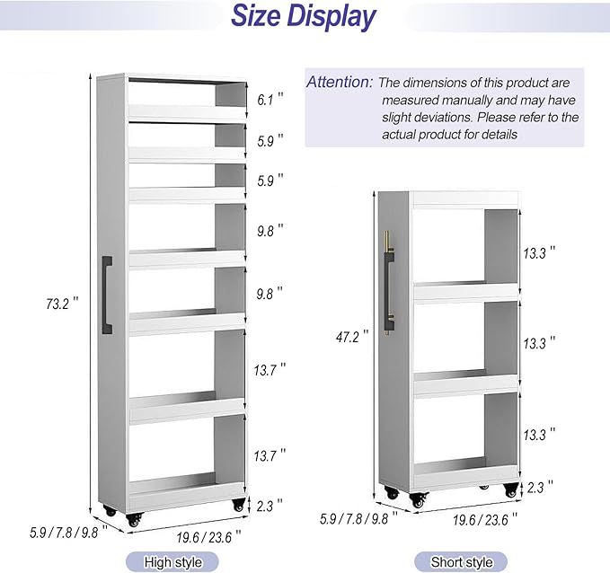 7-Tier Slim Storage Cart, Wooden Rolling Pantry Cabinet with Wheels, Narrow Shelf Organizer for Kitchen, Bakers Rack, Dining Room, Closet, Small Spaces Gray 47.2" H*5.9" W*16.9" D