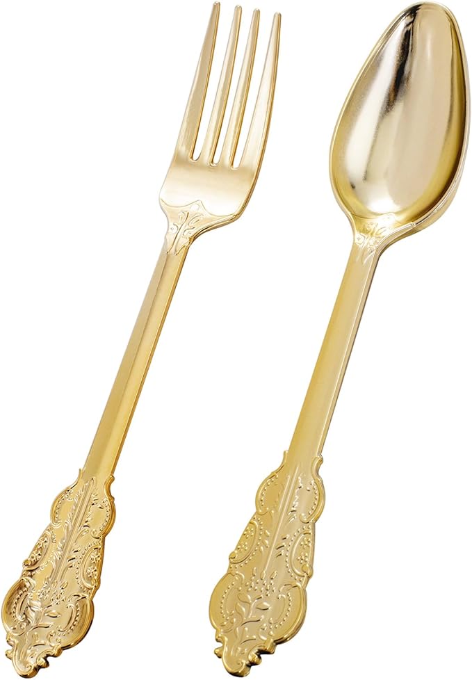 BUCLA 200 Piece Gold Plastic Silverware - Baroque Style Gold Plastic Forks and Spoons - 100 Forks and 100 Spoons for Weddings, Parties & Thanksgiving