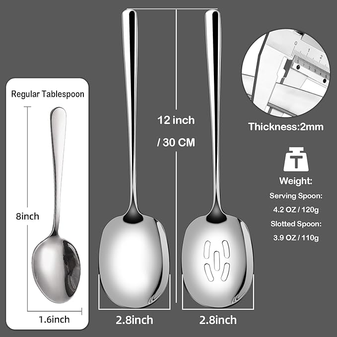 SOLEADER Extra Large Serving Spoons Set of 12,Foodgrade 18/8 12 Inch Stainless Steel Slotted Spoon and Serving Spoon,Buffet Serving Utensils,Spoons Silverware,Cooking Spoon,Pasta Spoon,Mixing Spoon