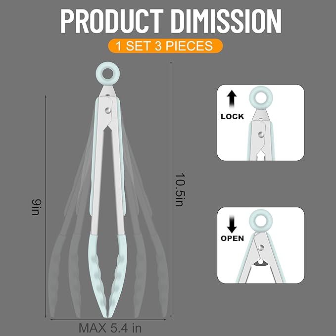 Hotec Silicone Kitchen Tongs for Cooking 9-Inch Serving Tongs with Silicone Tips, Set of 3 (Gradient Blue)