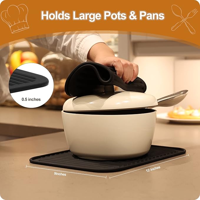 Joyhalo Trivets for Hot Dishes - Hot Pads for Kitchen 9'' x 12'', Silicone Trivets for Hot Pots and Pans, Hot Plates to Protect Table, Quartz Countertops Heat Resistance to 480°F, Set of 2, Black