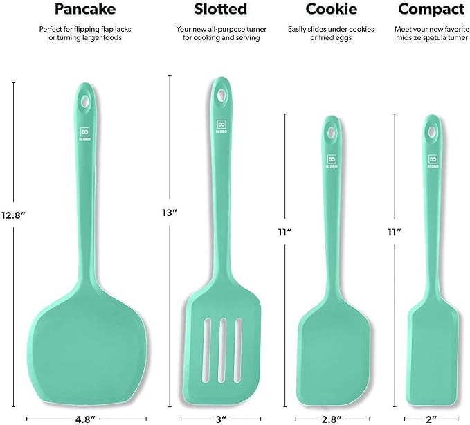 New DI ORO Silicone Turner Spatula Set - Kitchen Spatulas for Nonstick Cookware - Cooking Utensils for Flipping Eggs & Pancakes - 600°F Heat-Resistant BPA Free Turners - Dishwasher Safe (4pc, Mint)