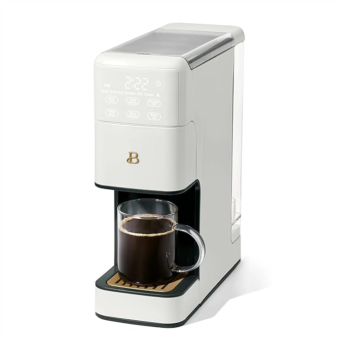 Beautiful Perfect Grind Programmable Single Serve Coffee Maker with Touch Display and Integrated Burr Grinder, Auto Coffee Strength Selection, 64oz Water Reservoir (White Icing)