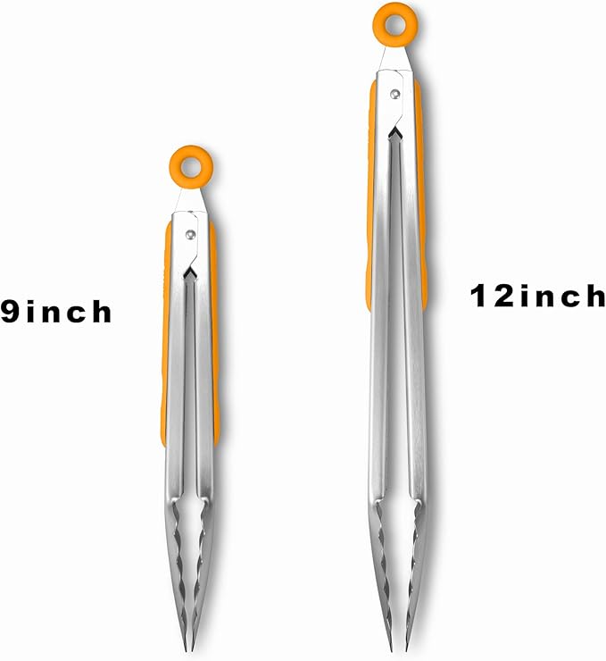 304 Stainless Steel Kitchen Cooking Tongs, 9" and 12" Set of 2 Sturdy Grilling Barbeque Brushed Locking Food Tongs with Ergonomic Grip, Orange