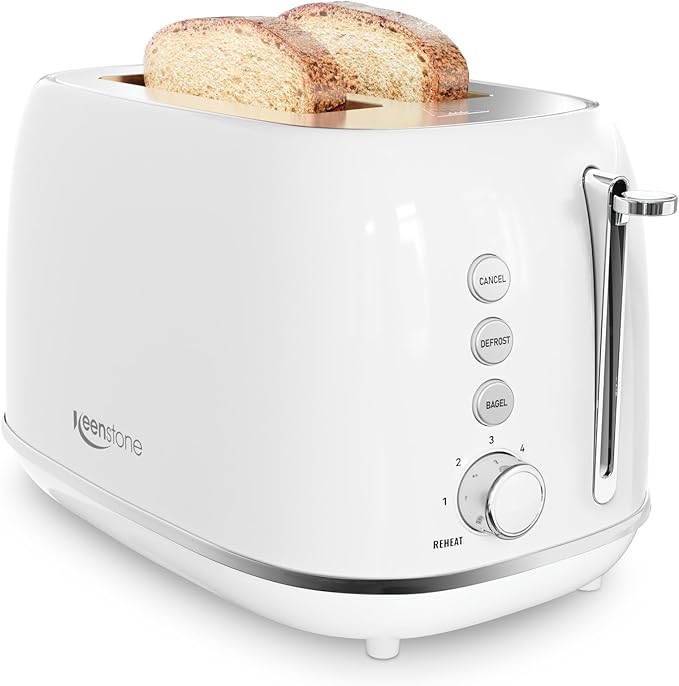 Keenstone Toaster 2 Slice, Retro Wide Slot Stainless Steel Toaster with 6 Browning Levels, Reheat & Defrost, for Bagel, Toast, Bread, Kitchen Essentials, Removable Crumb Tray, White