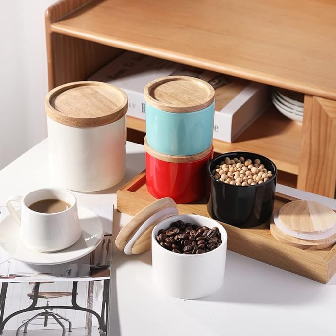 Sweejar Kitchen Canisters Ceramic Food Storage Jar, Stackable Containers with Airtight Seal Wooden Lid for Serving Ground Coffee, Tea, Sugar, Spice and More - 5 Fl Oz(White)