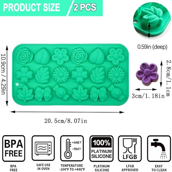 Gummy Candy Molds - 2Pcs Silicone Gummy Daisy Flower/Tulip Flower/Bow Tie/Leaf Candy Mold for Kids, Non-stick and Bpa Free for Candy Chocolate Gummy Jello Baking Soap Pudding Cookie Desserts Making