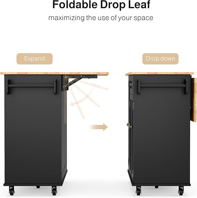 Ahomly Rolling Kitchen Island on Wheels, Kitchen Island with Storage, Kitchen Rolling Island with Spice Rack & Towel Rack, Knife Holder, Island Table for Kitchen, Black