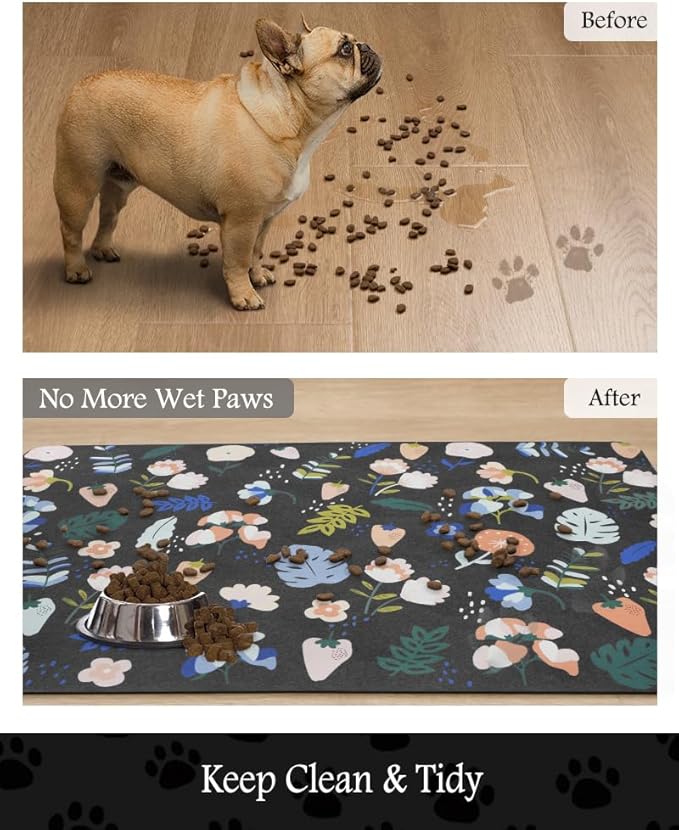 Pet Feeding Mat-Absorbent Dog Mat for Food and Water Bowl-No Stains Quick Dry Water Dispenser Mat-Dog Accessories Pet Supplies-Bowl for Messy Drinkers（DARKFLOWERS,12"x19"
