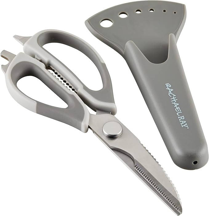 Rachael Ray Professional Multi Shear Kitchen Scissors with Herb Stripper and Sheath, 2 Piece, Gray