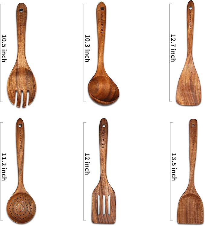 GreyWooden Kitchen Utensil Set, 6Pcs Wooden Cooking Utensils for Non-Stick Pan, 100% Natural Teak Wooden Spatula