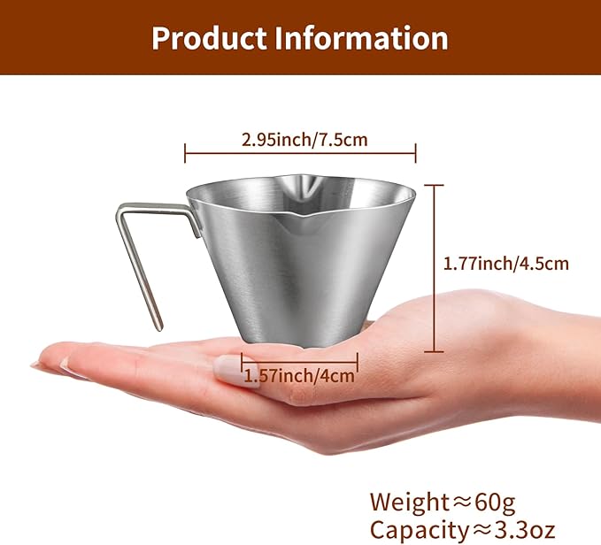 2 Pcs Espresso Cups with Handle, Double Spout Metal Measuring Cup with Dual Scale, Stainless Steel Espresso Shot Cup with V-Shaped Mouth, 3.4oz/100ml(White)