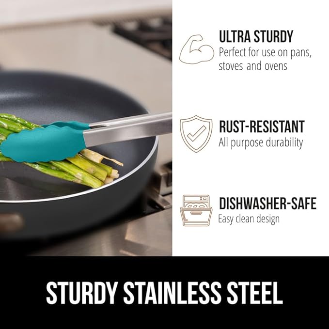 GORILLA GRIP Stainless Steel Heat Resistant Kitchen Tongs for Cooking, Set of 2 BBQ Tong, Non Scratch Silicone Tip for Pans, Strong Grip, Grab Food, Salad, Air Fryer, Pull Lock, 7 + 9 Inch, Turquoise