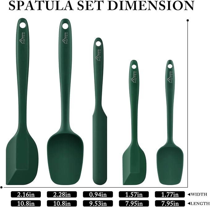 HOTEC 600℉ Heat Resistant BPA-Free Silicone Rubber Spatula Set,Kitchen Cooking Spatulas, Baking, Mixing for Non Stick Cookware, Dishwasher Safe, Dark Green Set of 5