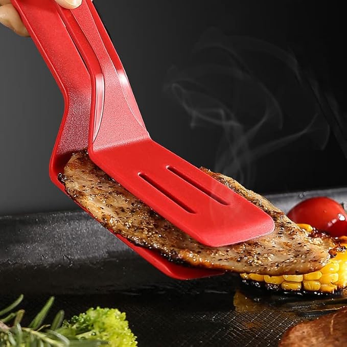 Mu&Ti Silicone Kitchen Tongs 2-in-1 11 In Premium Stainless Steel Barbecue Clamp Multipurpose BBQ Clamp Spatula for Gripper Bread Clip/Fried Steak Clamp/Flipping Fish/Beefsteak Flipper Two Set(Red)