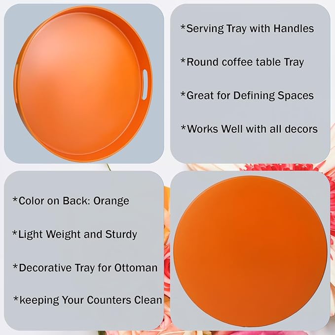 Round Orange Decorative Serving Tray with Handles, 13” Versatile Ottoman Tray for Coffee Table, Entertaining, Outdoor Patio, Living Room