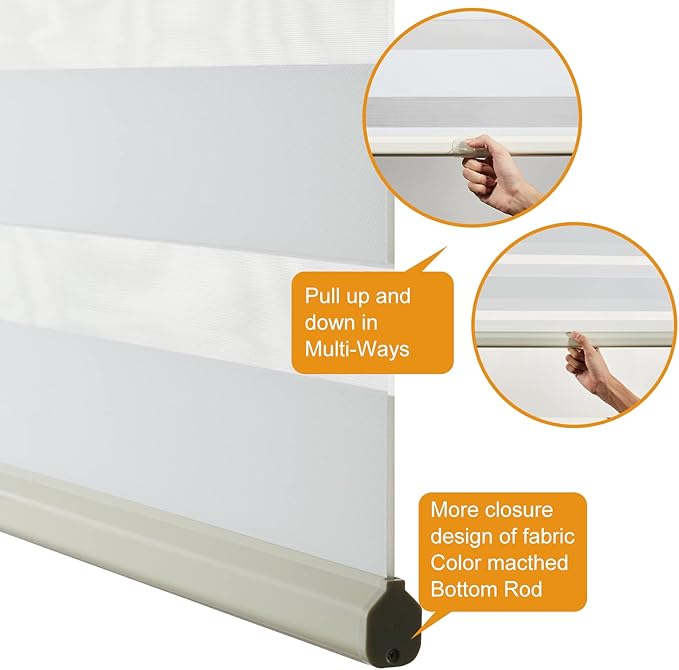 Persilux Cordless Zebra Blinds for Indoor Windows, Free-Stop Light Filtering Sheer Shades, Dual Layer for Day and Night, Roller Shades for Home (34.25" W X 64" H, Cream)