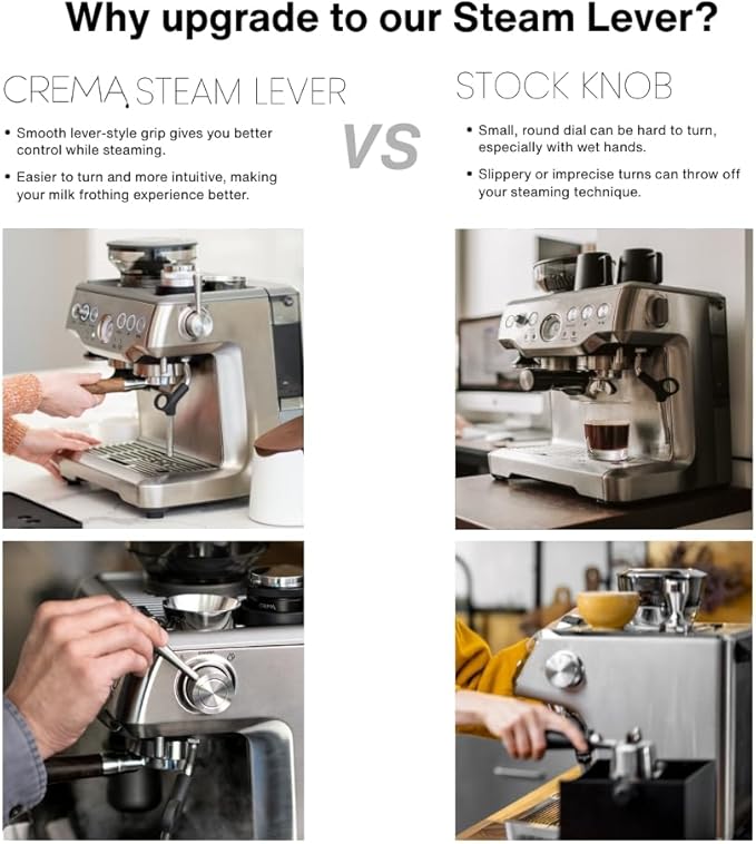 Crema Coffee Products Replacement Steam Lever for Breville Espresso Machines | Ergonomic Stainless Steel Design | Compatible with Barista Express, Infuser, Barista Pro | Easy Grip | Silver Finish