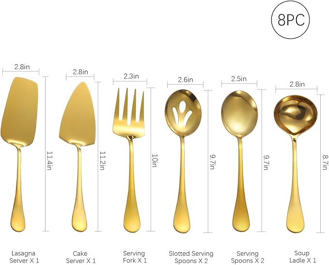 Gold Serving Utensils,8 Pcs Stainless Steel Serving Set with Serving Spoons,Serving Fork,Soup Ladle,Lasagna Server,Pie Server,Polished Serving Utensil Set for Buffet Parties Home,Dishwasher Safe