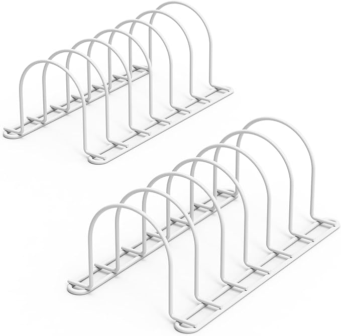 JAQ Pot Lids Holder, 10.5" Kitchenware Dividers Organizer for Plates, Pans, Cutting Boards, Muffin Tins, Baking Sheets in Cabinets Shelf Countertop Pantry (2-Pack, White)